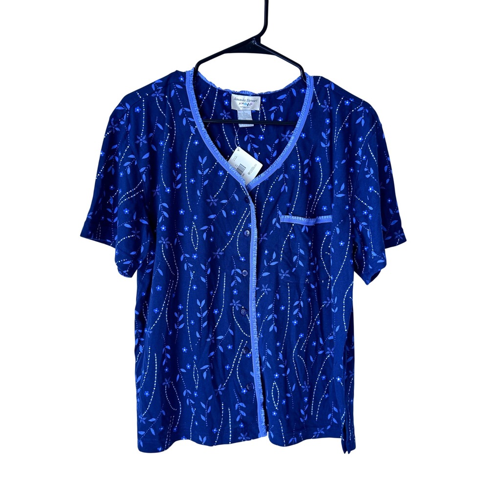 Amanda Stewart Intimates Navy Blue Floral Button Front Pajama Top Large NWT